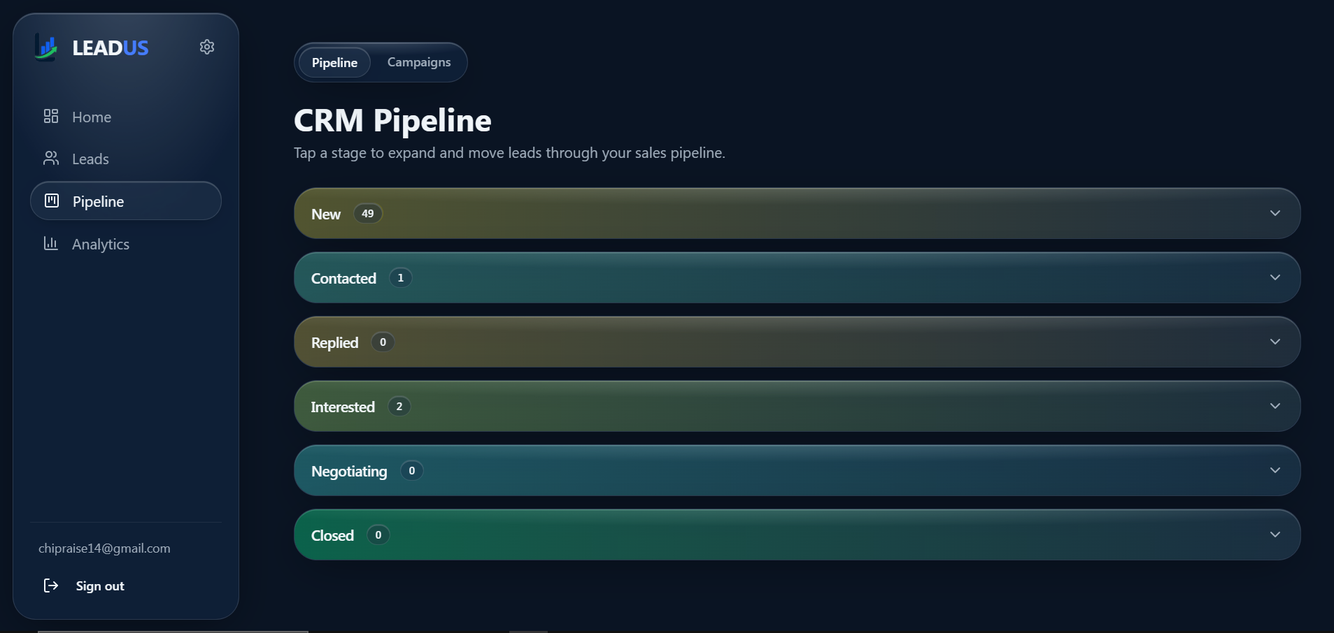 LEADUS pipeline showing leads across the current sales stages